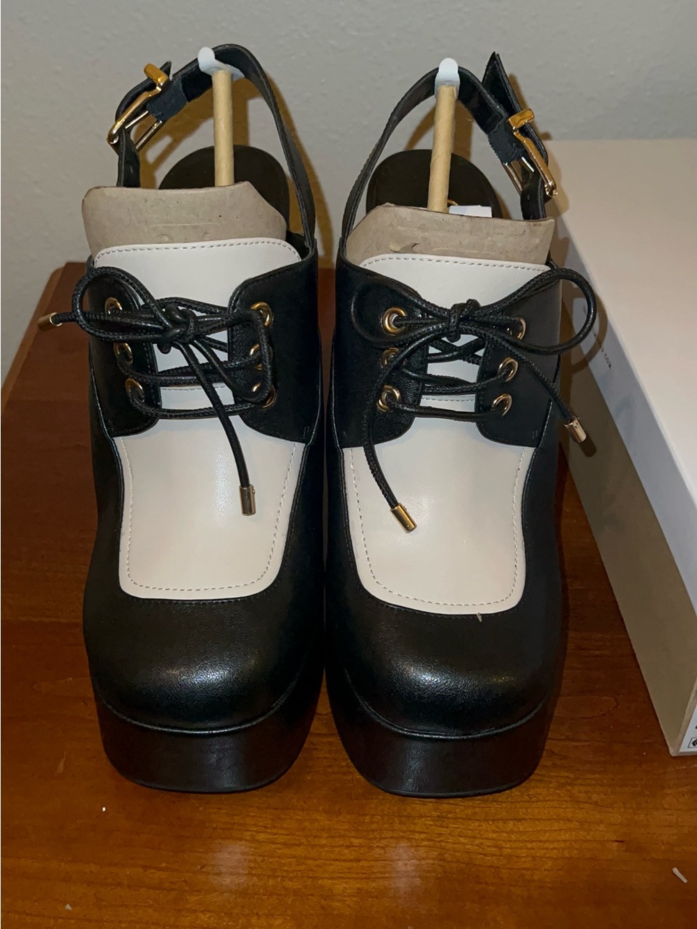 NWT Jessica Simpson Black and Chalk Platform Lace-Up Slingback Heels